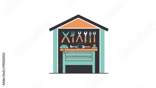 An illustrated workshop with tools hung above a workbench, with drawers, all under a roof