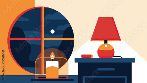 A night scene depicts a lit candle and lamp on a nightstand, near a round window