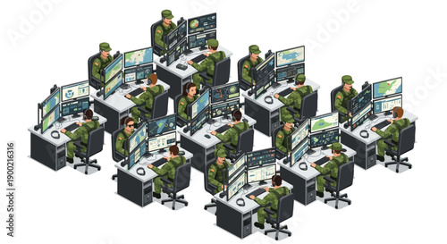 Isometric grid of military analysts in uniform at workstations monitoring multiple screens with maps and data.