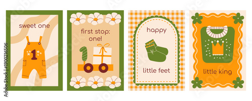 First birthday greeting cards collection for children with overall, baby socks, sweater, wagon with a gift. Modern retro flat vector illustration set for kids party invitation, nursery, poster