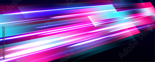 Neon pink and blue streaks twist along dark scene with motion blur. Glowing sparks convey speed and futuristic energy. Perfect for digital banners, sci-fi, and cyber design.