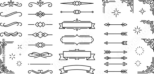 decorative divider and frame collection with ornamental separators vintage labels arrows and elegant flourishes in classic black and white line illustration style