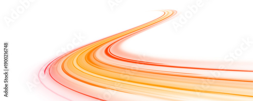 Orange and red luminous speed lines sweep across dark background with bright rays. Dynamic motion creates perspective and futuristic energy effect. Transparent PNG ideal for tech projects.