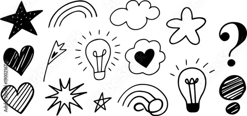 hand drawn doodle symbol set with light bulbs stars hearts clouds rainbows and question marks representing ideas creativity inspiration and imagination in black and white style