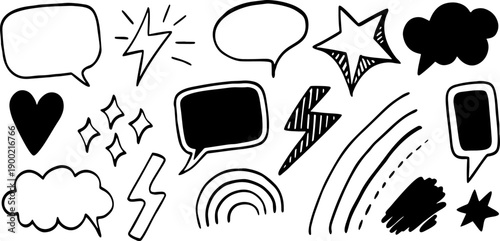hand drawn comic doodle symbol set with speech bubbles lightning bolts stars hearts clouds rainbows and expressive sketch elements in black and white style