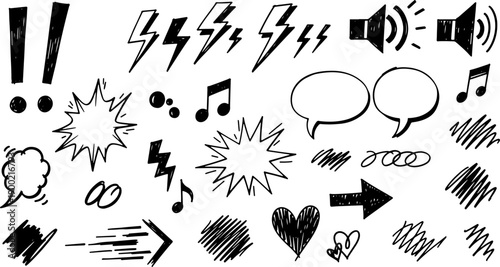 hand drawn comic doodle symbol set with exclamation marks lightning bolts sound icons music notes speech bubbles arrows and expressive sketch effects