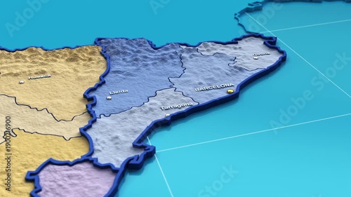 3D animation of a map of Spain zooming into the Catalonia region
