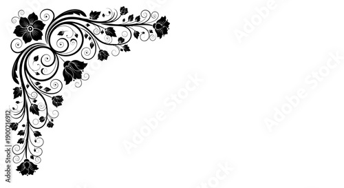 Elegant Black Floral Corner Ornament Decor Isolated on White Background