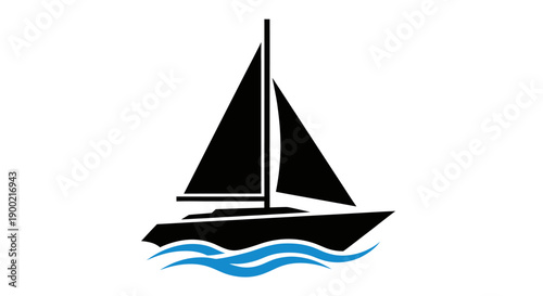 Black Sailboat Moving on Stylized Blue Wave on Isolated White Background
