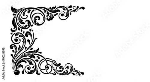 Ornate Floral Corner Design Element with Swirls and Leaves on Isolated White Background