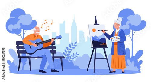 Senior couple enjoying hobbies together in a park, vector illustration of active elderly people painting and playing guitar outdoors