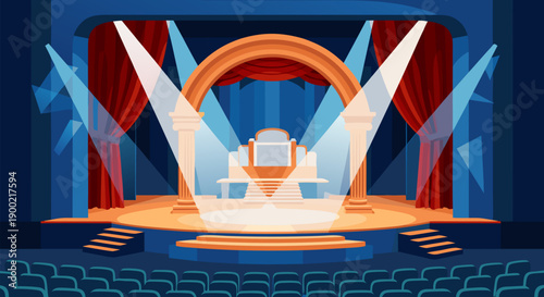Empty stage with spotlights, curtains, and seats in a theatre, vector illustration