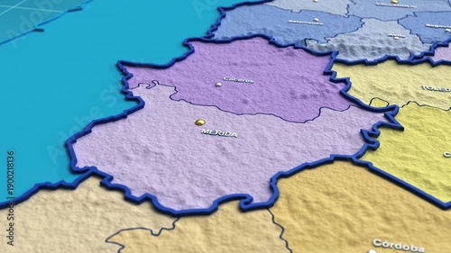 3D animation of a map of Spain zooming into the Extremadura region
