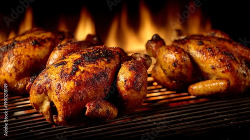 Wallpaper Mural Grilled Whole Chickens with Crispy Skin and Charred Texture Roasting Over Wood Fire in a Rustic Outdoor Setting Torontodigital.ca