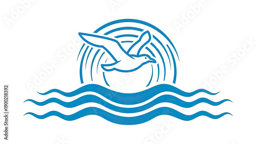 A blue seagull in flight above waves and nested within circular lines. White background