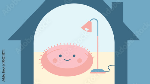 A friendly microbe sits under a lamp inside a house silhouette