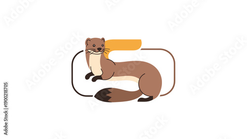 A cartoonish ermine design inside a framed shape with tan, brown and black hues