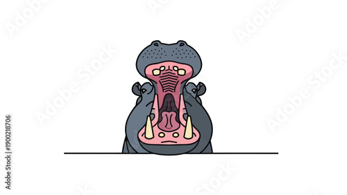 Cartoon hippo with mouth wide open, teeth visible. Simplified style on white background