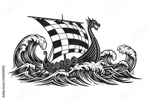 Viking longship sailing on stormy waves, linocut style, black and white