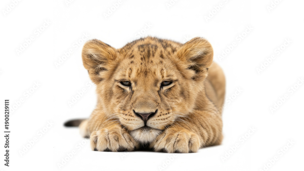 Obraz premium Adorable Lion Cub Resting With Front Paws Forward, Soft Golden Fur, Curious Eyes