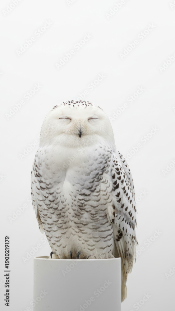 Fototapeta premium Serene Snowy Owl Perched on White Stand with Closed Eyes in Soft Studio Setting