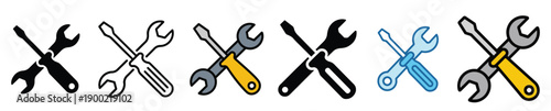 Maintenance and repair tool icons, crossed wrench and screwdriver vector set. settings, fix, engineering, workshop, industrial, installation, toolkit. Technical support icon collection, hardware.