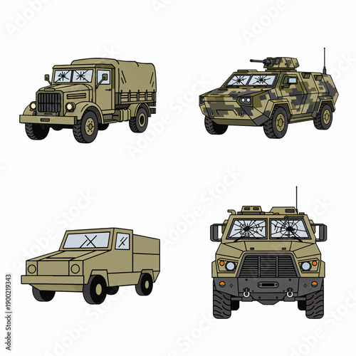 Damaged military vehicle set with shattered windshields. Army truck and armored car collection. Vector illustration