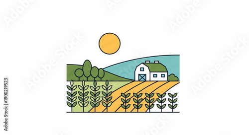 Sustainable farming and grain field illustration. Minimalist flat design vector of a rural landscape with barn and sun. Organic agriculture concept isolated on white background