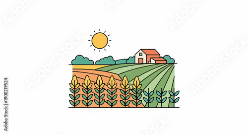 Sustainable agriculture and rural landscape. Flat design vector illustration of a farm with barn and wheat fields. Minimalist organic farming concept isolated on white background
