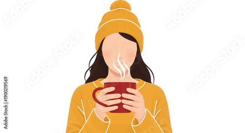 Woman in yellow beanie and sweater drinking hot tea. Minimalist flat design vector illustration. Cozy winter self care concept isolated on white background