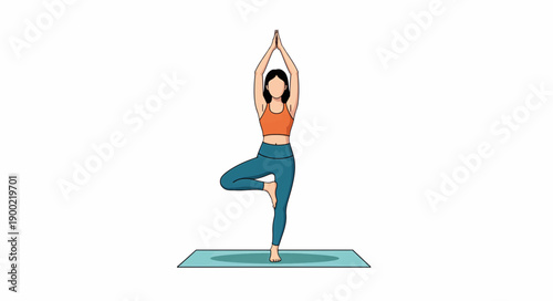 Woman practicing yoga tree pose vector illustration. Minimalist flat design for fitness and wellness concept. Isolated on white background