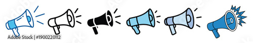 Megaphone and loudspeaker icon collection for marketing announcements, social media broadcasting, and digital advertising alerts