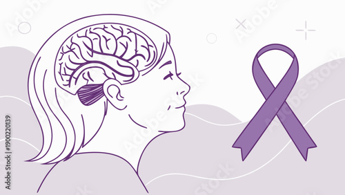 Woman Profile with Brain and Purple Awareness Ribbon - Neurological