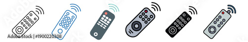 Universal remote control icon set featuring various digital controller symbols for smart home technology and media entertainment.