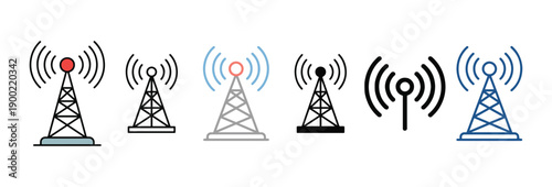Radio tower and antenna icon collection for telecommunications, signal broadcasting, and wireless network connectivity. Communication tower vector set for digital broadcasting