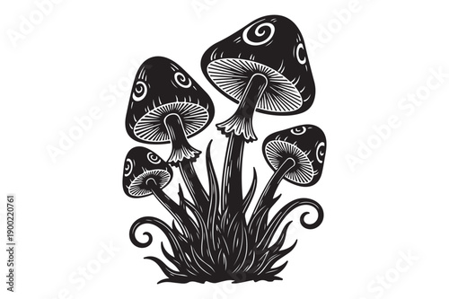 Group of Psychedelic Mushrooms with Swirl Patterns