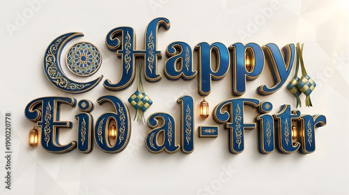 Happy Eid al-Fitr Ornate Islamic Typography with Lanterns and Floral Medallion
