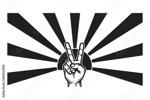 Peace Sign Hand Gesture with Radiant Sunburst Background