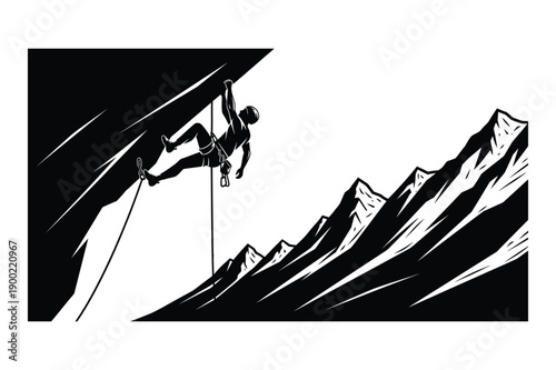 Rock Climber Ascending Steep Cliff Face