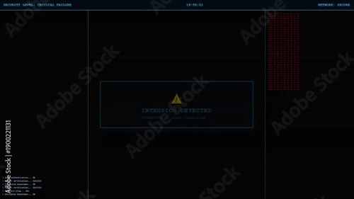 Cybersecurity alert animation shifting from safe blue to critical red. Features system failure logs, file deletion list, screen shaking, and a final You Have Been Hacked ransomware message.
