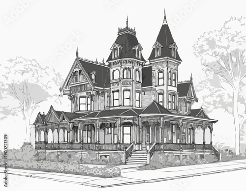 Detailed black and white architectural sketch of an ornate Victorian house with a wraparound porch and gables.