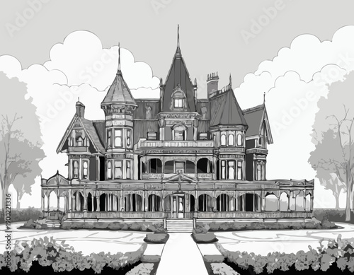 Detailed black and white architectural sketch of an ornate Victorian house with a wraparound porch and gables.