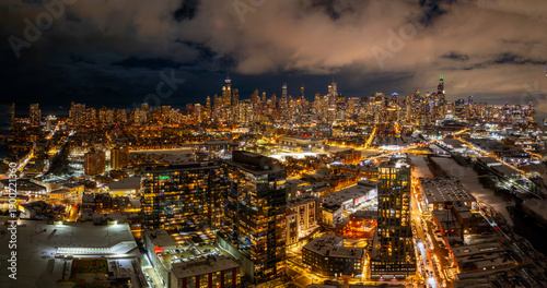 Aerial View of Chicago Skyline and Suburbs at Night - Urban Cityscape February 2026 Chicago, Illinois, Midwest, United States, Windy City.