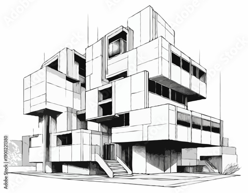 Black and white ink sketch of a modern Brutalist architectural building with interlocking cubic forms.