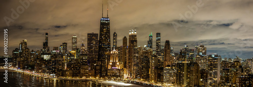 Aerial panorama of Chicago skyline and downtown skyscrapers at sunset, Illinois, USA on February 1 2026 