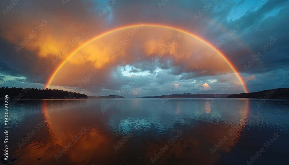 Fototapeta premium Double rainbow arches over calm lake at sunset. Orange sky reflects on water surface. Dark clouds contrast with bright light. Peaceful natural landscape.