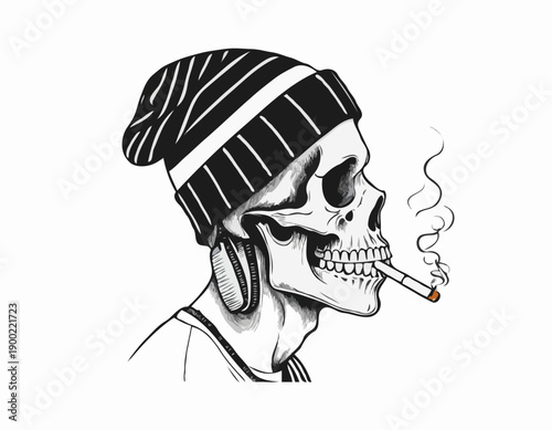 Graphic skull in profile wearing a striped beanie and headphones while smoking a cigarette.