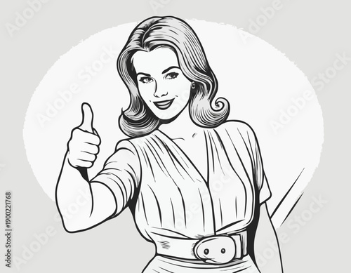 Confident retro woman pointing and giving a thumbsup in a black and white line art style.