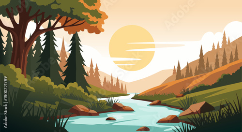 Beautiful serene landscape vector illustration of a river flowing through a forest during sunset