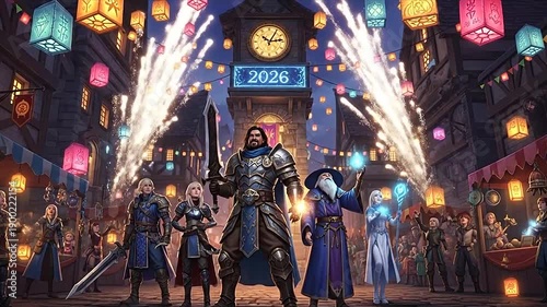 Wallpaper Mural Diverse fantasy adventurers celebrating with magical fireworks and colorful lanterns in a vibrant, festive town square at night. Torontodigital.ca